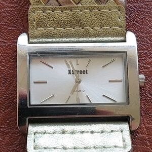 X Street Ladies Quartz Tank Watch Silver Tone Woven Band